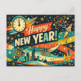 Cartão Postal De Festividades Retro Atomic Space Age New Year