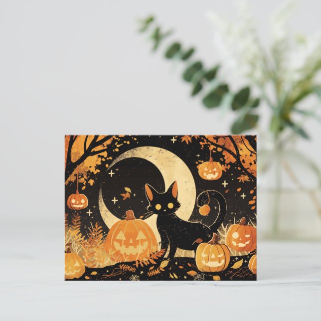 Cartão Postal De Festividades Retro Black Cat with Jack-o’-Lanterns (Em pé/Frente)