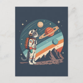 Cartão Postal De Festividades Retro Cat Astronaut Cosmic Space Illustration