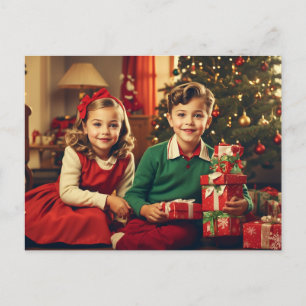 Cartão Postal De Festividades Retro, Crianças Vintage com Presentes de Natal