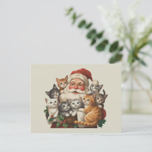 Cartão Postal De Festividades Retro Papai Noel e Kittens Natal inverno dos anos 