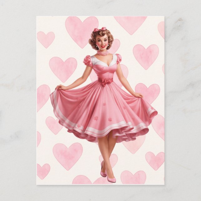 Cartão Postal De Festividades Retro Pink Hearts Romance Card Postcard  (Frente)