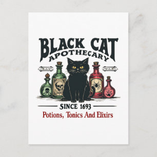 Cartão Postal De Festividades Retro Preto Assustador Gato-Apoteário Witchy Wicca