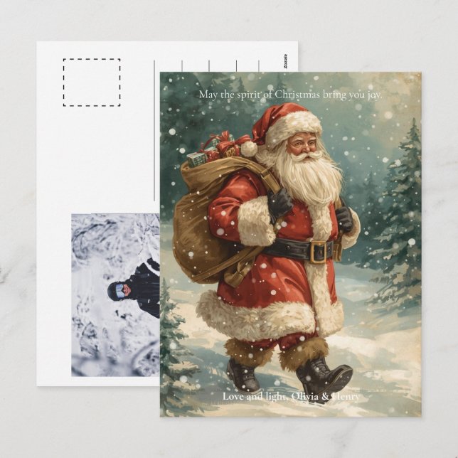 Cartão Postal De Festividades Retro Santa Claus Classic Custom Photo Christmas (Frente/Verso)