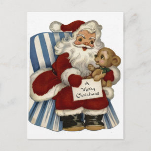 Cartão Postal De Festividades "Retro Santa with Teddy Bear" Christmas