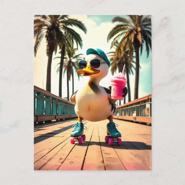 Cartão Postal De Festividades Retro Summer Funny Roller Duck (Frente)