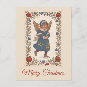 Cartão Postal De Festividades Retro tradicional patinação de Natal Anjo floral