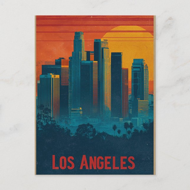 Cartão Postal De Festividades Retro Travel Poster Art of Downtown Los Angeles (Frente)