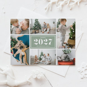 Cartão Postal De Festividades Retro Verde Sage 2027 Seis Fotos Colagem Ano Novo