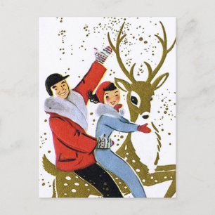 Cartão Postal De Festividades Retro vintage Christmas reindeer ride postcard