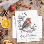 Cartão Postal De Festividades Robin Winter Watercolor Natal Botânico<br><div class="desc">Economize dinheiro enviando cartões postais de Natal bonito com a água do pântano. A cena de inverno de cinzas e folhas azuis, eucalipto e tosse de pinheiro inclui também um pinto vermelho assado. Mensagem de Feliz Natal personalizada encontrada na frente. Na parte de trás deste cartão postal de feriado há...</div>