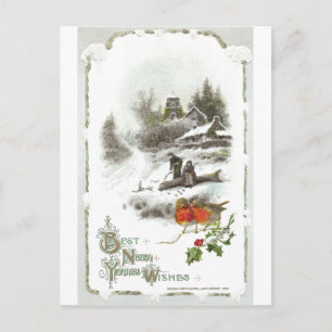 Cartão Postal De Festividades Robins do Euro e Snowy Hamlet Vintage Ano Novo