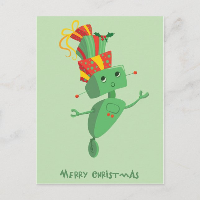 Cartão Postal De Festividades Robô do presente de Natal (Frente)