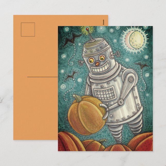 CARTÃO POSTAL DE FESTIVIDADES ROBÔ ESCOLHENDO BOMBEIROS, HOMEM MECÂNICO HALLOWEE (Frente/Verso)