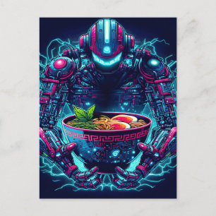 Cartão Postal De Festividades Robô Futurista Ciberpunk Neon Comida Ramen