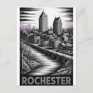 Cartão Postal De Festividades Rochester Nova York Silhueta Urbana Xilogravura Pr