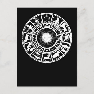 Cartão Postal De Festividades Roda do Zodíaco com Sol e Símbolos de Astrologia