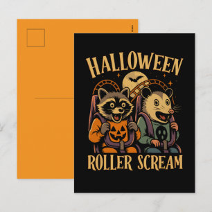 Cartão Postal De Festividades Rolo de Halloween Grita Guaxinim e Gambá