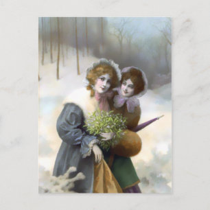 Cartão Postal De Festividades Rolo de madeira âmbar, cena de Natais vintages