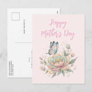 Cartão Postal De Festividades Rosa Mágica e Borboleta Pastel Dia das Mães