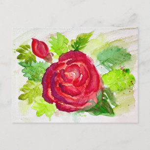 Cartão Postal De Festividades Rosa vermelha na Impressão Floral Bloom Watercolor
