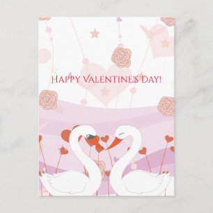 Cartão Postal De Festividades Rosas de Cisnes Românticas com Corte de feliz dia 