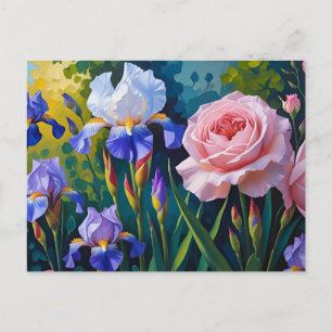 Cartão Postal De Festividades Rosas em Flor e Flores de Íris Roxa 