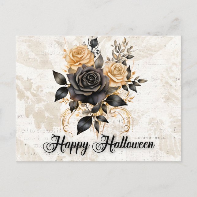 Cartão Postal De Festividades Rosas negros e Dourados deixam Foliage Halloween (Frente)