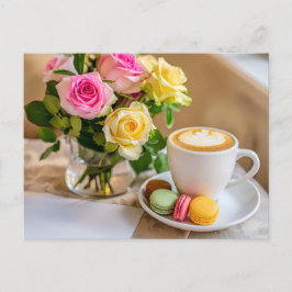 Cartão Postal De Festividades Rose bouquet com café e macarrão