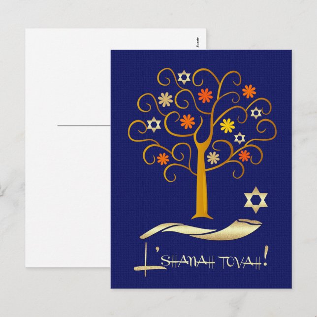 Cartão Postal De Festividades Rosh Hashanah | Ano Novo Judaico Azul Naval Ouro (Frente/Verso)