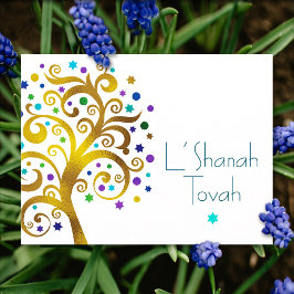 Cartão Postal De Festividades Rosh Hashanah Árvore da Vida Folha Dourada Azul Mo