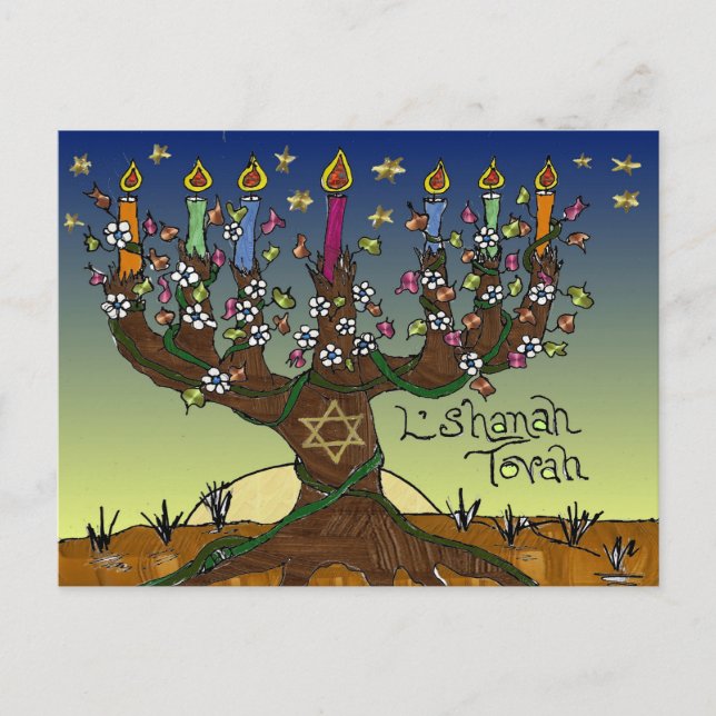 Cartão Postal De Festividades Rosh Hashanah L'Shanah Tovah Árvore Da Vida Menora (Frente)