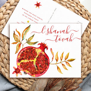 Cartão Postal De Festividades Rosh Hashanah Romã Água-forte Vermelho Dourado Neg