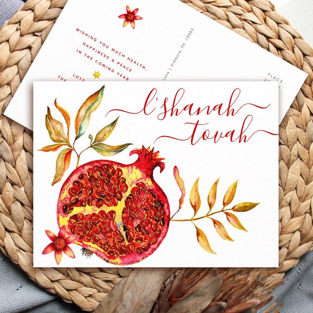 Cartão Postal De Festividades Rosh Hashanah Romã Água-forte Vermelho Dourado Neg (Criador carregado)