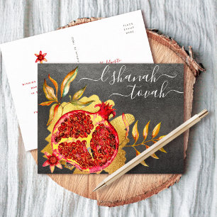 Cartão Postal De Festividades Rosh Hashanah Vermelho Dourado Aquarela Romã Cinza
