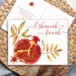 Cartão Postal De Festividades Rosh Hashanah Vermelho Dourado Aquarela Romã Negri