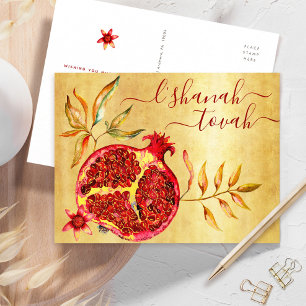 Cartão Postal De Festividades Rosh Hashanah Watercolor Red Pomegranate em Dourad