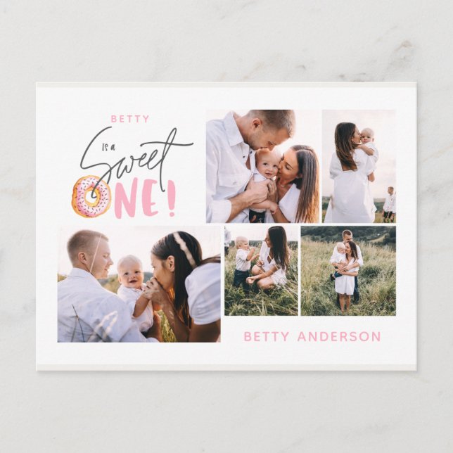 Cartão Postal De Festividades rosquinha de aniversário multifoto, doce, rosa, (Frente)