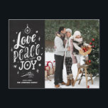 Cartão Postal De Festividades Roteiro Chalkboard Love Peace and Joy Lettering<br><div class="desc">Amor, paz e alegria. Envie cartões de natal e desejos para a família e amigos com este cartão postal de Natal. Ele apresenta um script de giz rústico com um fundo de chalkboard falso. Personalize adicionando fotos, nomes, mensagens e endereços. Este cartão postal de Natal é perfeito para esta temporada...</div>