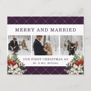 Cartão Postal De Festividades Roxo Moderno Inverno Botânicos Foto Recém-Casados
