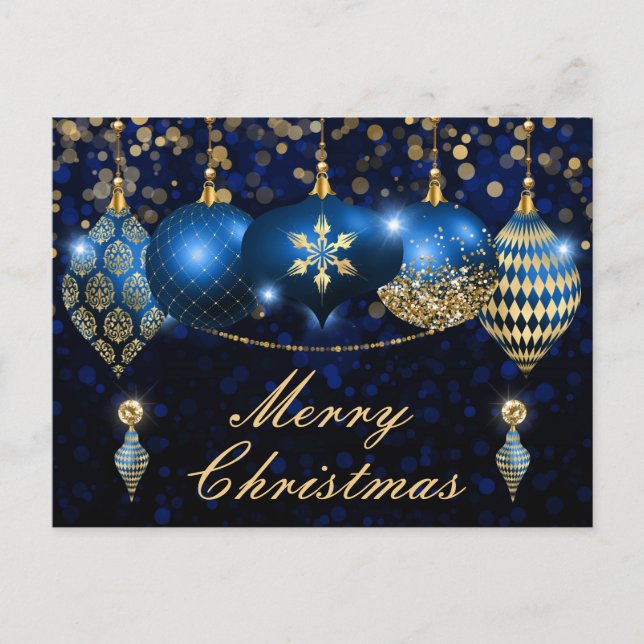 Cartão Postal De Festividades Royal Blue e Dourados Baubles (Frente)