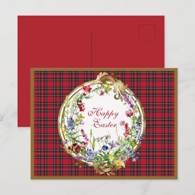 Cartão Postal De Festividades Royal Stewart Modern Scottish Tartan Páscoa Floral (Frente/Verso)