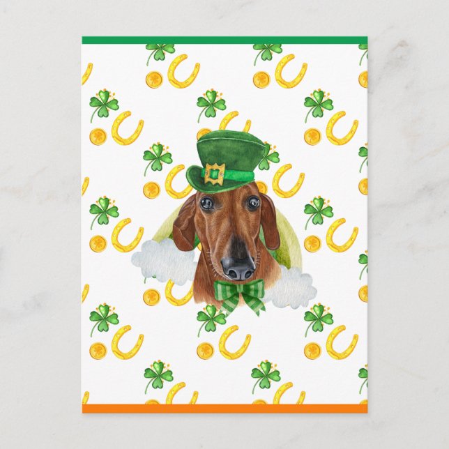 Cartão Postal De Festividades Rua Red Dachshund Shamrock. Dia dos Patricks (Frente)