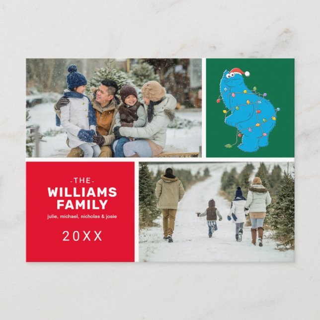 Cartão Postal De Festividades Rua Sésamo | Foto da família Cookie Monster (Frente)