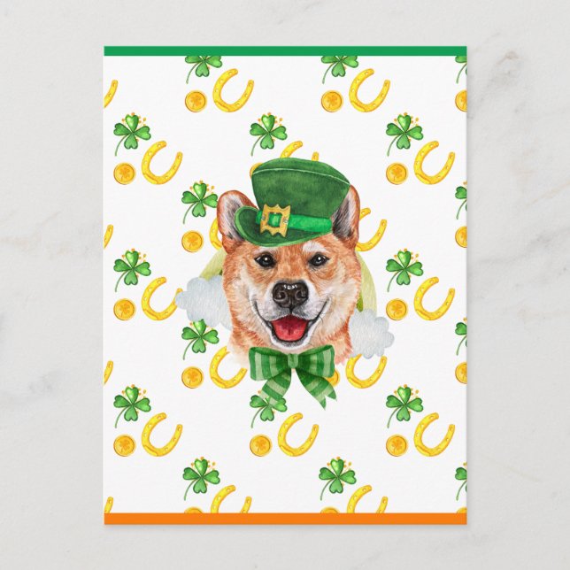 Cartão Postal De Festividades Rua Shiba Inu Shamrock. Dia dos Patricões (Frente)