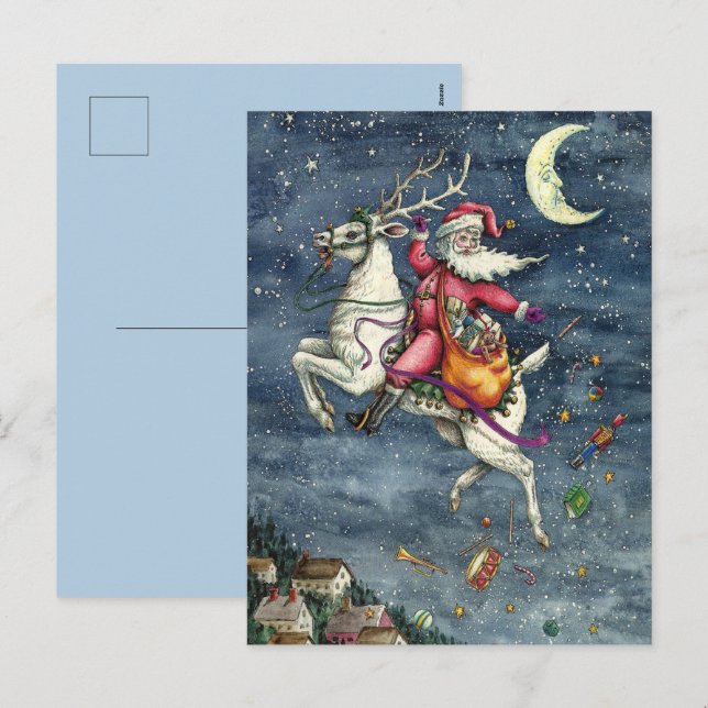 CARTÃO POSTAL DE FESTIVIDADES RUAS. NICK, REINDOR BRANCO VOANTE, MÁGICA DE NATAL (Frente/Verso)