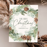 Cartão Postal De Festividades Ruptura de Pine de Aquarela Rustic<br><div class="desc">Cartão-postal de férias elegante com uma camada aquosa de pinecones, grampos de pinho e verde-luxuosa com fundo creme leve. "Feliz Natal" é exibido em um roteiro verde escuro com seu nome mostrado abaixo. O cartão postal de feriado não fotográfico é revertido para exibir seu endereço de devolução e sua mensagem...</div>