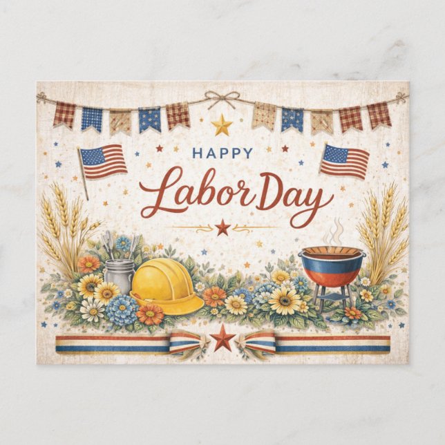 Cartão Postal De Festividades Rustic Americana Happy Labor Day (Frente)