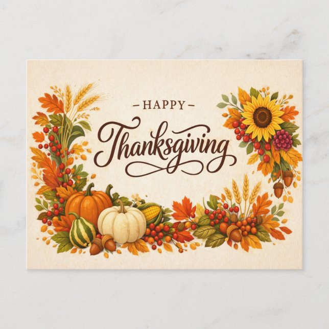 Cartão Postal De Festividades Rustic Autumn Harvest Happy Thanksgiving (Frente)
