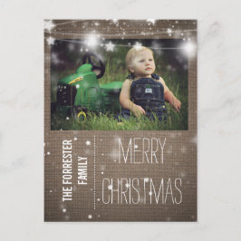 Cartão Postal De Festividades Rustic Burlap Felry Christmas Stars Foto da Famíli